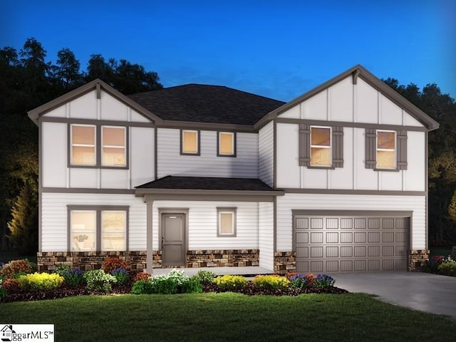 english style home with a garage, stone siding, a front yard, and driveway