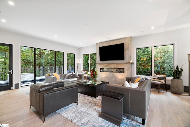 living room with a high end fireplace and light hardwood / wood-style flooring