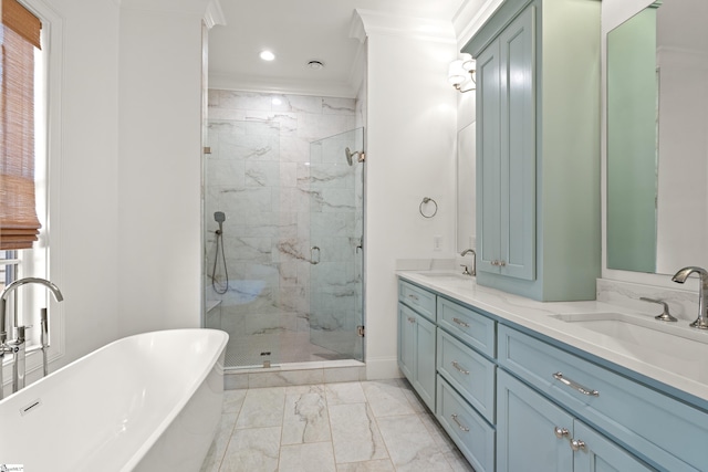 bathroom featuring vanity, independent shower and bath, and crown molding