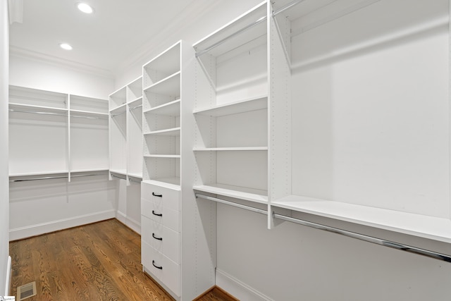 spacious closet with dark hardwood / wood-style flooring