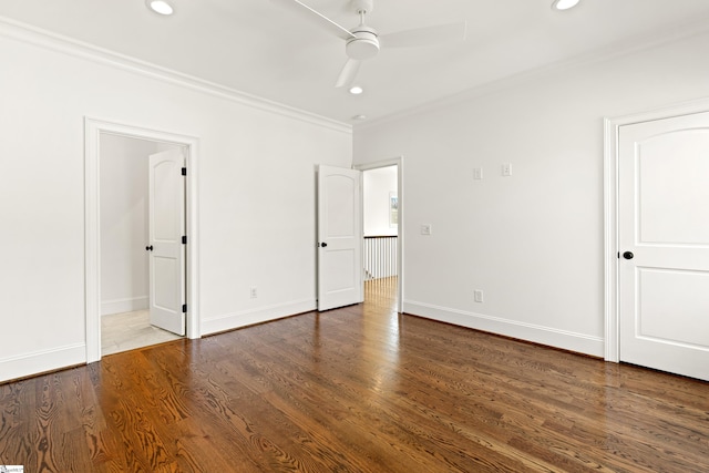 unfurnished bedroom with ceiling fan, ornamental molding, and hardwood / wood-style floors