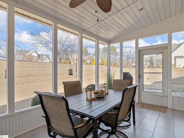 sunroom with ceiling fan and wooden ceiling
