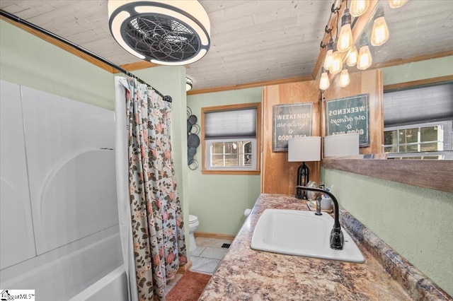 full bathroom with toilet, wood ceiling, shower / tub combo, crown molding, and vanity