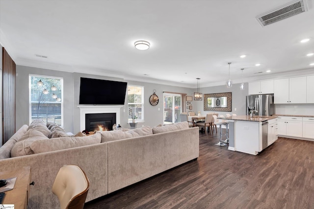 living room featuring dark wood-type flooring and crown molding