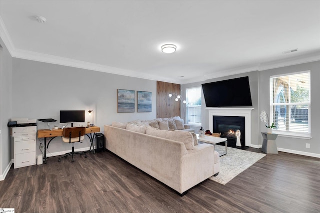 living room with dark wood-type flooring and ornamental molding