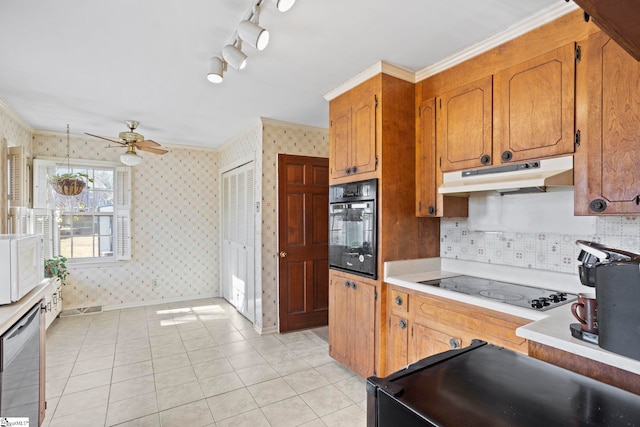 kitchen with black appliances, backsplash, ornamental molding, ceiling fan, and light tile patterned floors