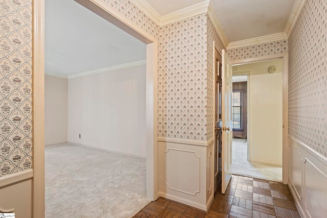 hall with ornamental molding and parquet floors