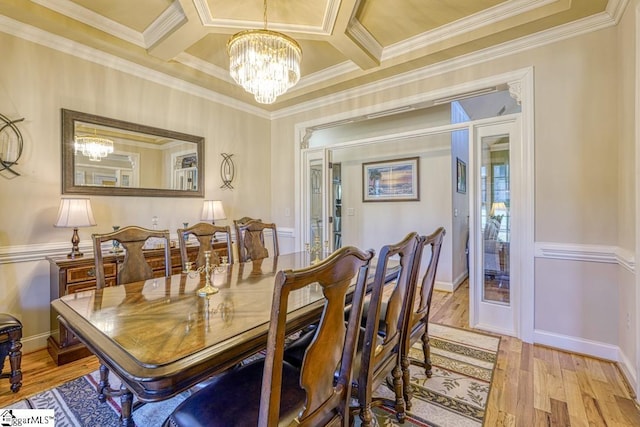 dining space featuring crown molding, coffered ceiling, and a notable chandelier