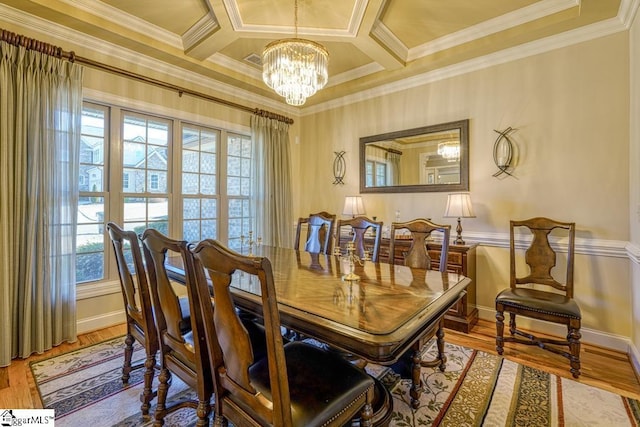 dining room featuring crown molding, coffered ceiling, hardwood / wood-style floors, and a chandelier