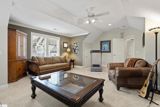 living room featuring ceiling fan, ornamental molding, and light carpet