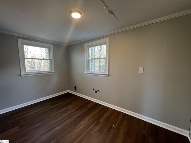 spare room with ornamental molding, a healthy amount of sunlight, and dark hardwood / wood-style flooring