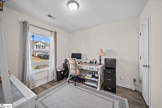 home office featuring dark hardwood / wood-style floors