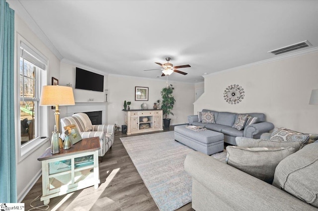 living room featuring crown molding, wood-type flooring, and ceiling fan