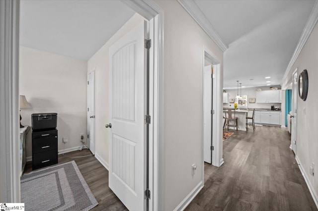 hall featuring ornamental molding and dark hardwood / wood-style flooring