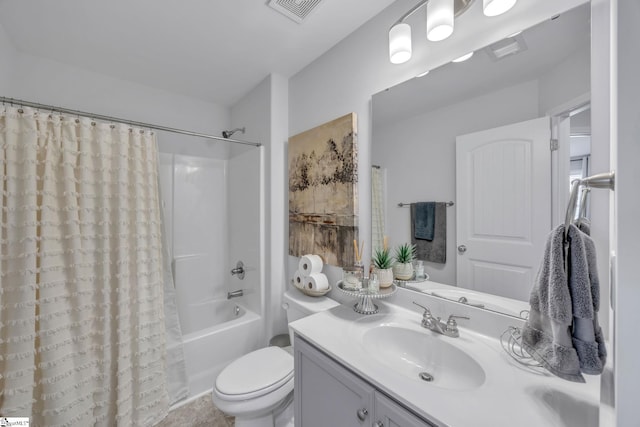 full bathroom featuring toilet, vanity, and shower / bath combination with curtain