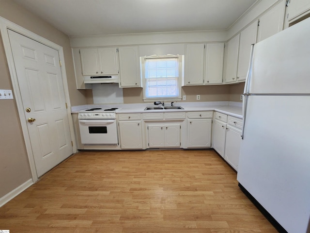 kitchen featuring sink, light wood-type flooring, white cabinetry, and white appliances