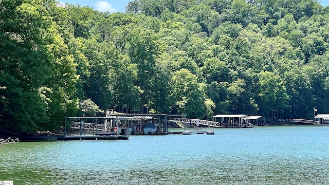 water view featuring a forest view and a floating dock