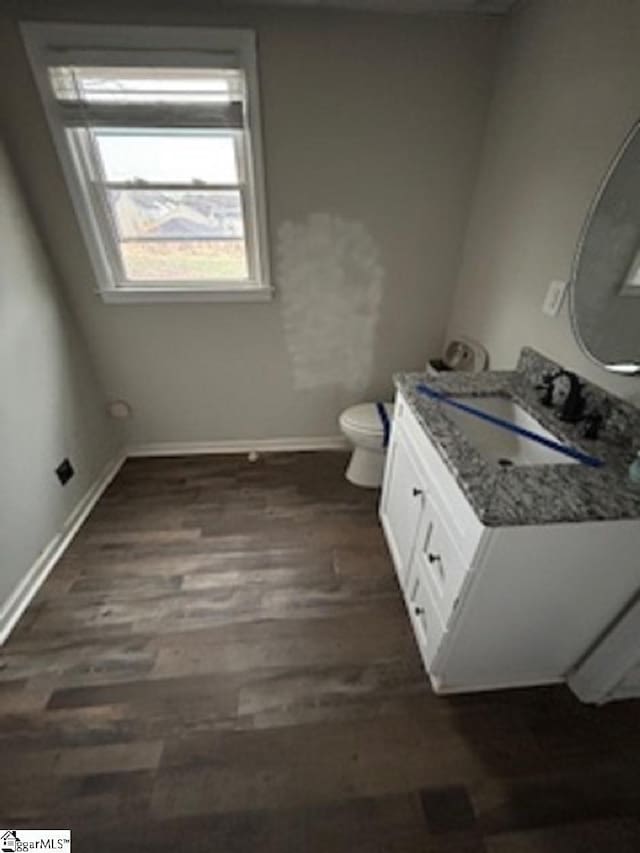 bathroom featuring hardwood / wood-style flooring, toilet, and vanity