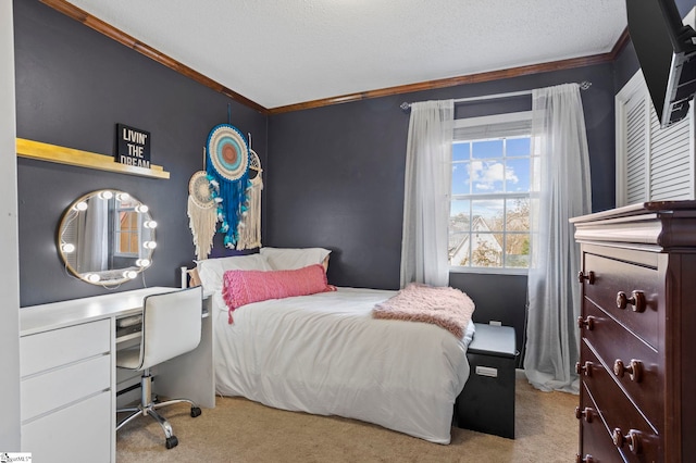 bedroom featuring light colored carpet and ornamental molding