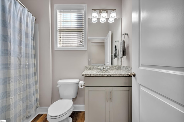 bathroom featuring vanity, toilet, a shower with shower curtain, and wood-type flooring