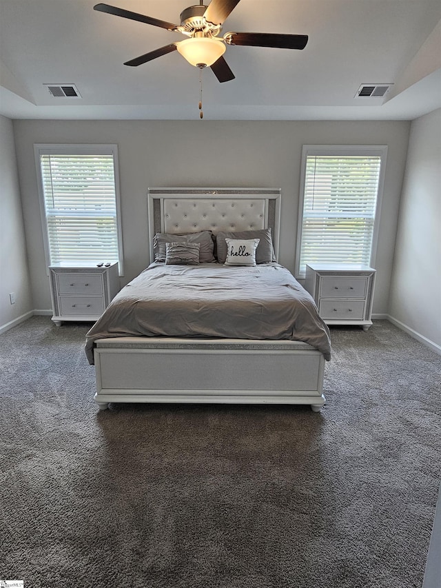 bedroom with ceiling fan, multiple windows, and dark carpet