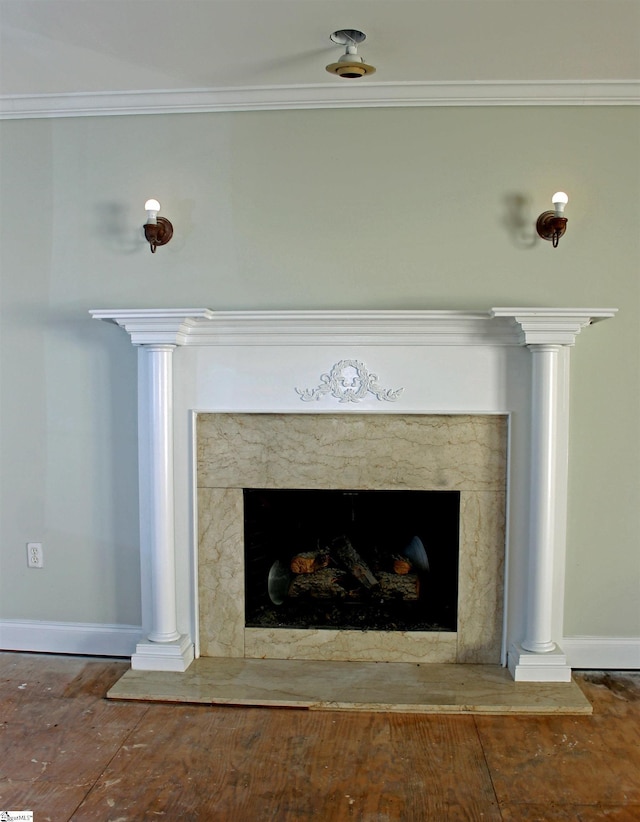 details with crown molding and a fireplace