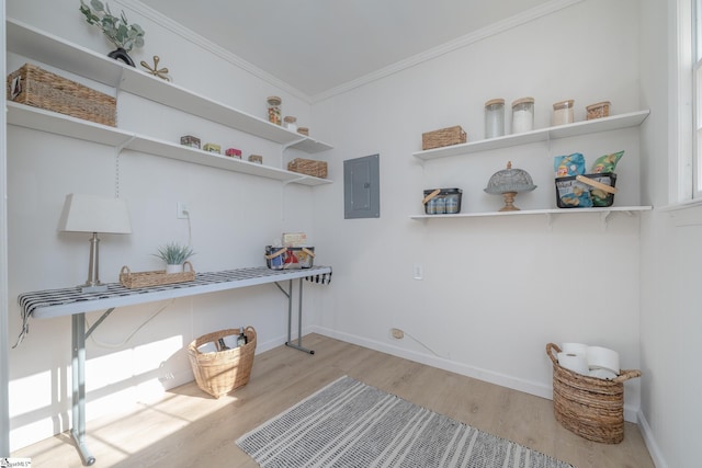 washroom with electric panel, light hardwood / wood-style flooring, and ornamental molding