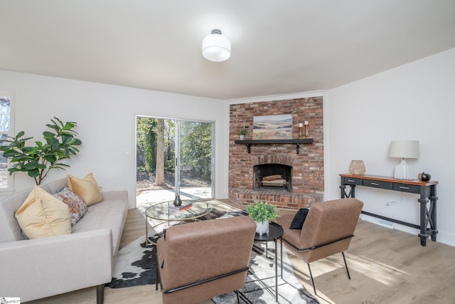 living room with a fireplace and light hardwood / wood-style flooring