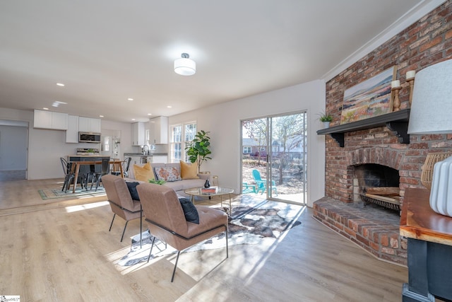 living room featuring light hardwood / wood-style floors and a fireplace