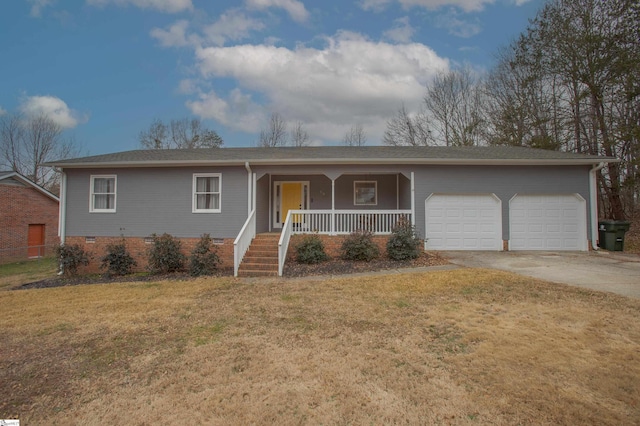 single story home featuring a porch, a garage, and a front lawn