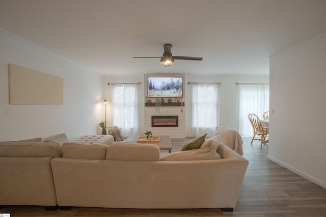 living room with hardwood / wood-style flooring, ceiling fan, and a fireplace