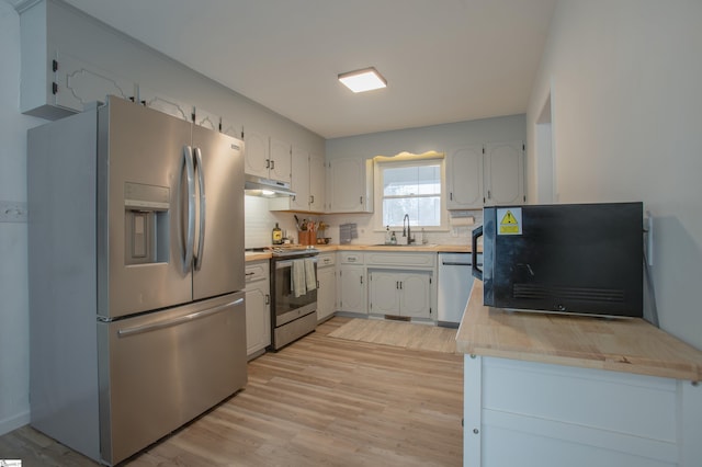 kitchen featuring white cabinets, appliances with stainless steel finishes, decorative backsplash, sink, and light hardwood / wood-style flooring