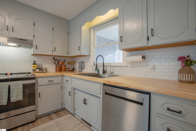 kitchen with appliances with stainless steel finishes, wooden counters, white cabinetry, decorative backsplash, and sink