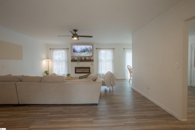 living room with hardwood / wood-style flooring, ceiling fan, and ornamental molding