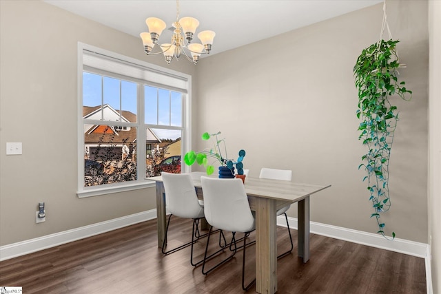 dining area featuring a chandelier, a wealth of natural light, and dark wood-type flooring