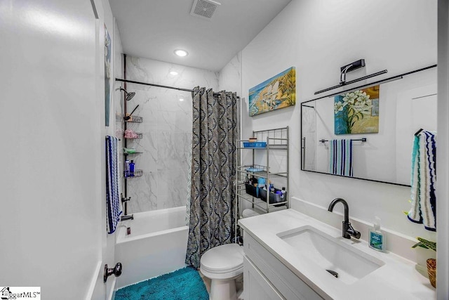 full bathroom with toilet, shower / bathtub combination with curtain, and vanity