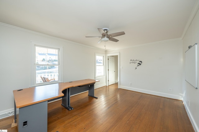 office area featuring ceiling fan, ornamental molding, and dark hardwood / wood-style flooring