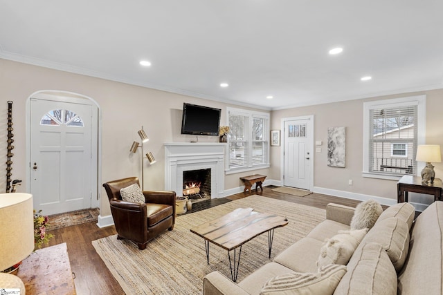 living room featuring hardwood / wood-style floors and ornamental molding