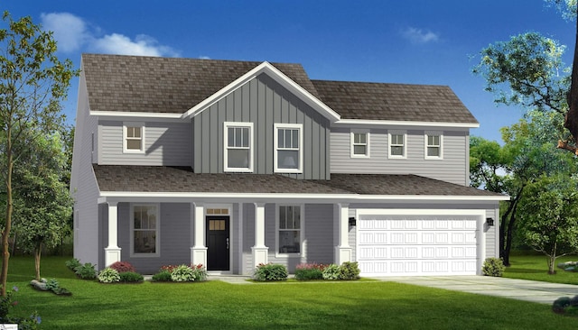 view of front of property featuring board and batten siding, a front yard, covered porch, driveway, and a shingled roof