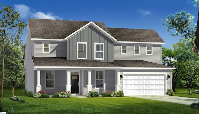 view of front of property with a front lawn, board and batten siding, driveway, and a shingled roof