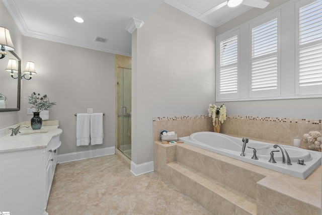 bathroom with vanity, crown molding, and plus walk in shower