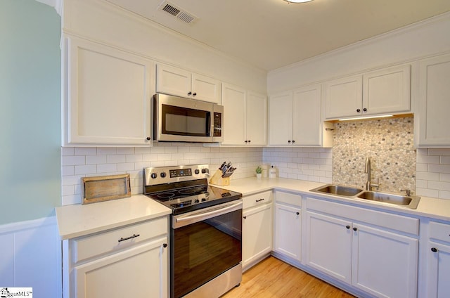 kitchen featuring sink, backsplash, white cabinets, and stainless steel appliances