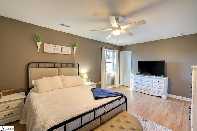 bedroom with ceiling fan and light hardwood / wood-style flooring