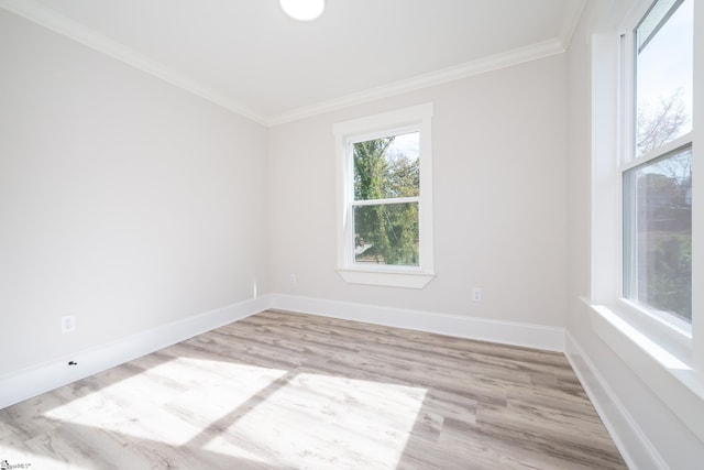 unfurnished room with light hardwood / wood-style floors and crown molding