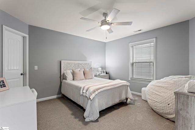 bedroom featuring ceiling fan and carpet floors