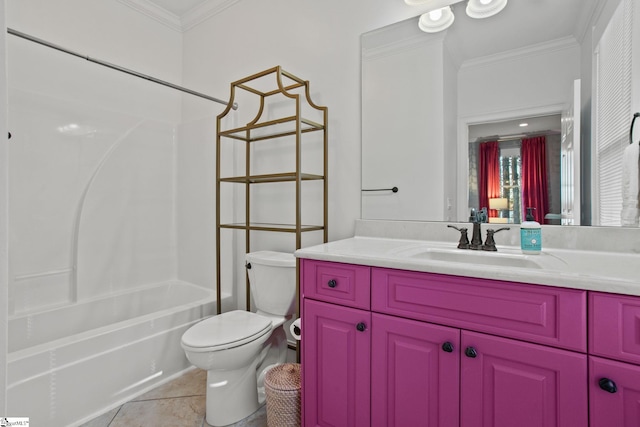 full bathroom with toilet, shower / bathtub combination, tile patterned floors, ornamental molding, and vanity