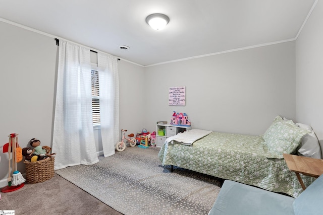 carpeted bedroom with crown molding