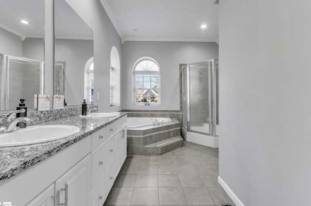 bathroom with independent shower and bath, tile patterned flooring, and ornamental molding