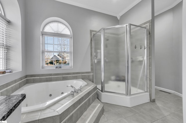 bathroom featuring ornamental molding, tile patterned flooring, and shower with separate bathtub