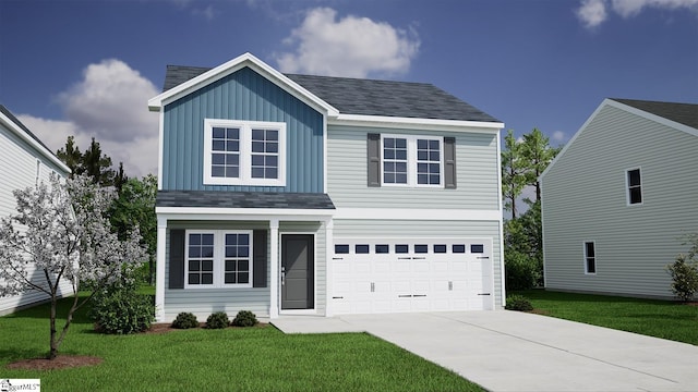 front facade featuring a garage and a front lawn